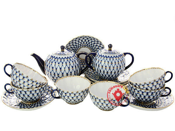Сервиз чайный форма Тюльпан рисунок Кобальтовая сетка 6/14 Императорский фарфоровый завод
